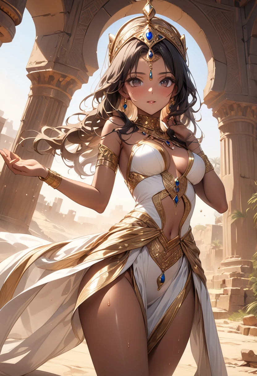 Amani is a young slave with tanned white skin, 15 years, with almond eyes and long dark braided hair dressed only in a thin white linen tunic in the style of ancient Egypt.. ancient age year 3000 BC. Her figure is slim and elegant, and has tattoos of Egyptian symbols on his arms and neck, pose sexy