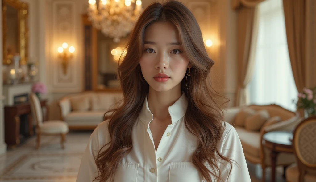 Blackpink's idol Jennie lying on a sofa with the image showing only from the chest up, wearing a blouse with a neckline, loose brown hair, basic makeup 