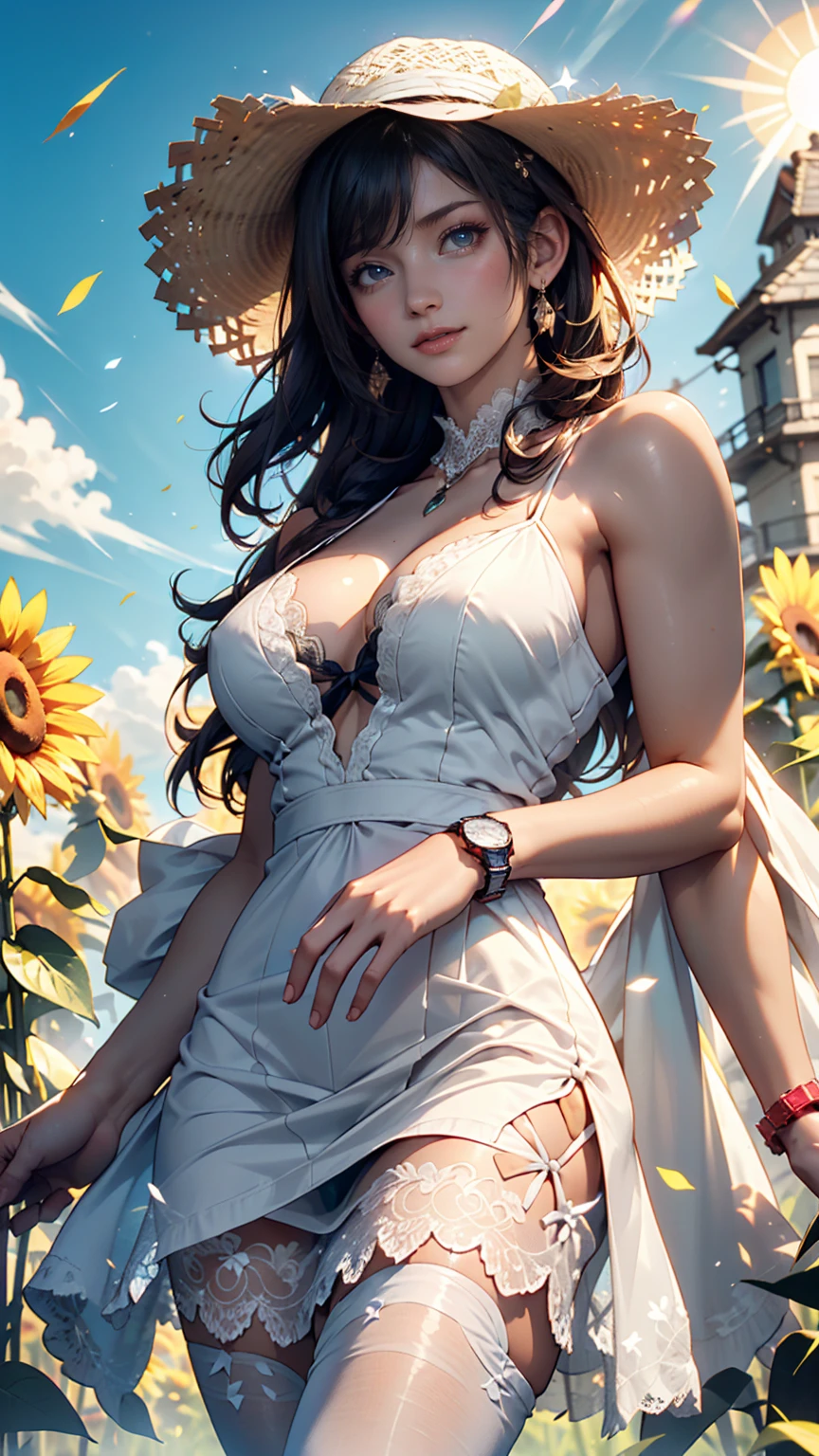 Fuwa Aika,One girl,alone, (White lace dress:1.2),loose fitting dress (sun visor hat:1.2), Sunflower field, Under the sunlight, A light smile,View your viewers, Wind, dynamic, Strong light and shadow,dynamic pose,Nipple swelling emphasis