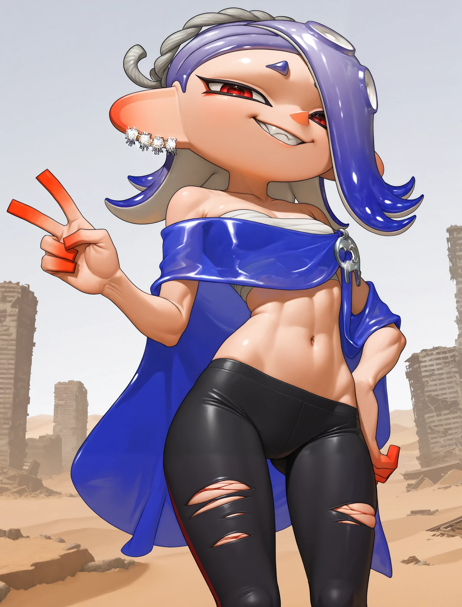 ((shiver)), ((splatoon)), ((masterpiece)), ((high resolution)), ((solo portrait)), {(athletic figure), (skinny body), (small breasts), (navel), (v-line), (beautiful legs), (indigo tentacle hair), (long side-swept bang), (fierce red eyes), (smug grin)}, {(long blue shawl), (sarashi wrap), (silver ornament on shawl), (black leggings), (rips on right thigh), (ear piercings), (hair ornaments)}, ((city ruins)), ((skyscrapers)), ((desert))