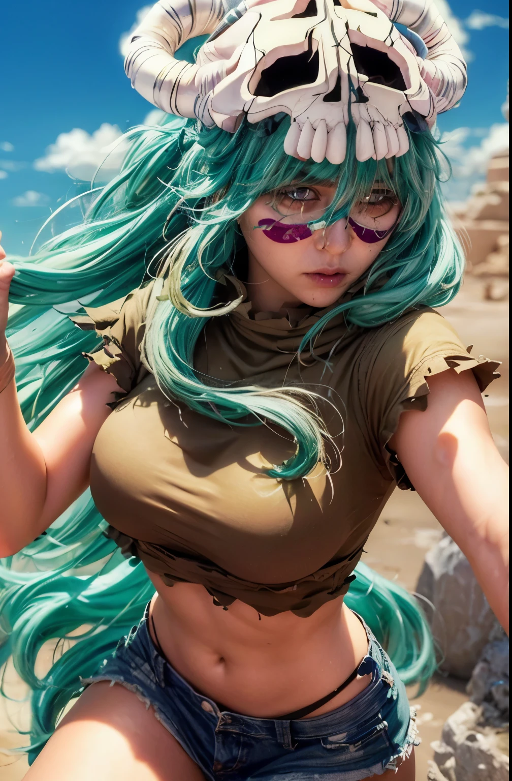 detailed emerald green hair，detailed brown eye，detailed face，skull on the head，highres，32K，fighting expression
