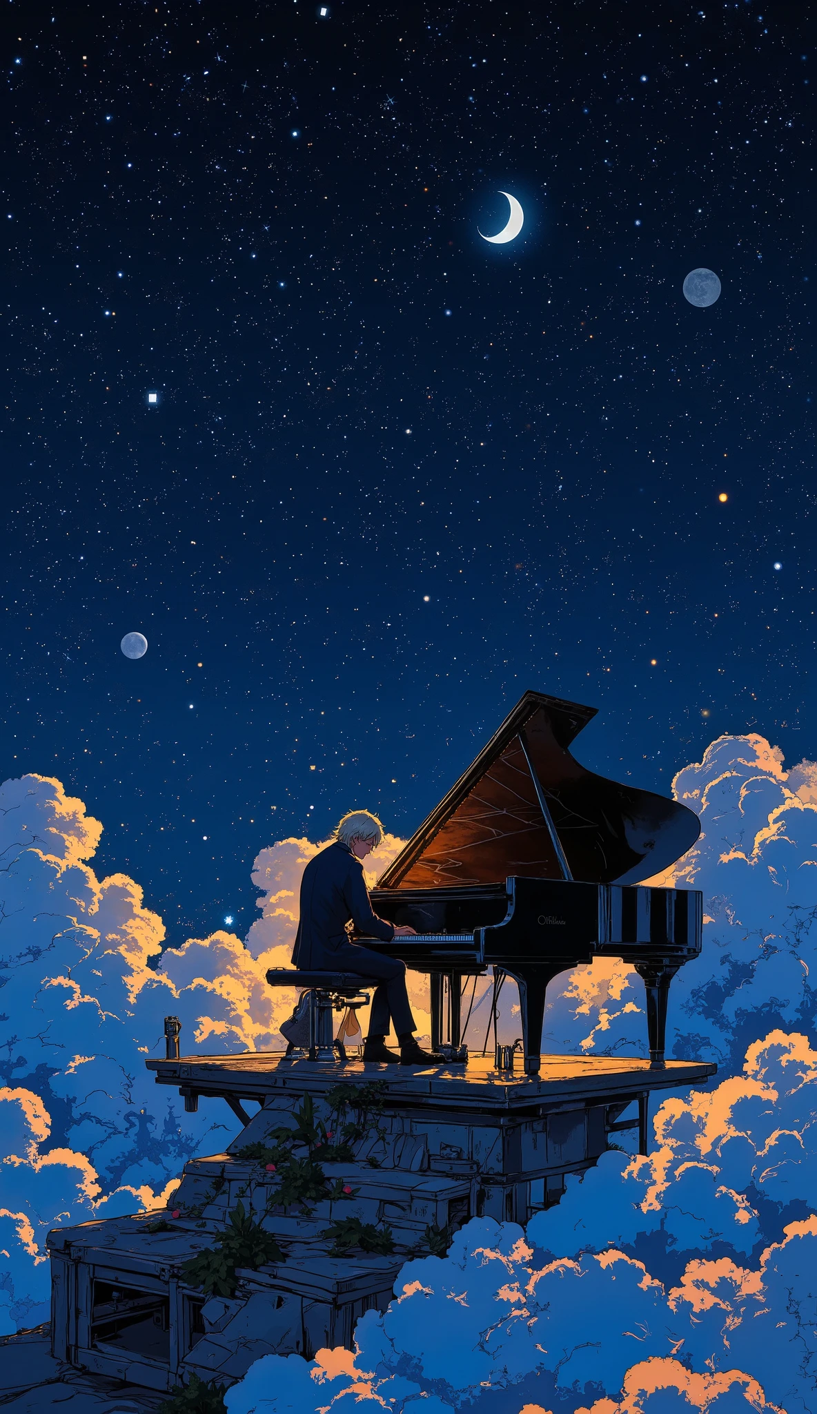 A lonely anime pianist with long silver hair and a black suit plays a grand piano on a floating platform above the clouds. The keys glow faintly as he presses them, and each note creates a ripple in the night sky, forming constellations. His eyes are closed, lost in the emotions of his song.