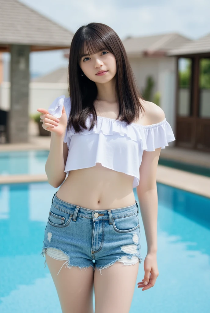 Highest quality、Ultra-high resolution、masterpiece、、Clear photos、(Very cute girl、beautiful girl:1.2)、smile、(Full body photo:1.2)、(The cutest Yoda Yuki)、thin、Very short hair、(Low-rise denim shorts:1.6、Unbutton:1.2、Pull-down denim shorts:1.3)、(White panties are visible)、 (Wearing a white tank top)、Vivid depiction