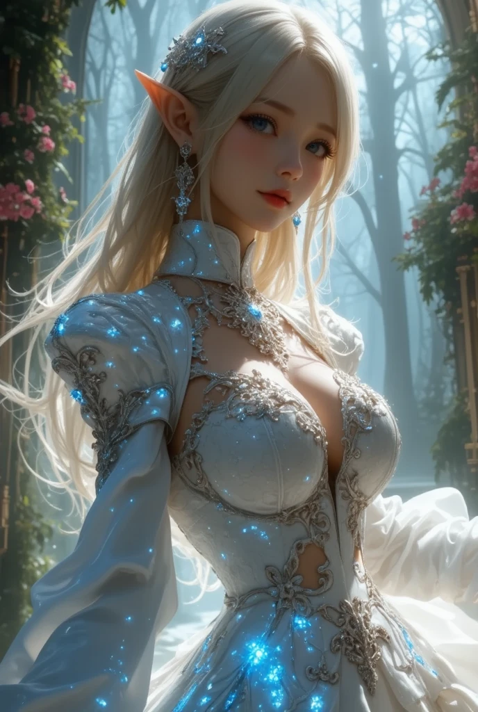 8k, (full body shot:1.2), 20-year-old European girl, raw, Beautiful woman, (straight gray hair), (white sclera), (dark makeup), (white choker), (jewelry), (white intricate foliage filigree embroidered:1.4), (sleeved) plunging lace sheer v-neck (catsuit:1.3), (unitard:1.3), (long gloves, bolero:1.1), intricate, beautifull face, elegant, highly detailed, digital hyperrealistic photography, hyperrealistic photography filigree, shyness, most beautyfull face, (masterpiece, sidelighting, (finely detailed beautifull blue eyes: 1.2)),