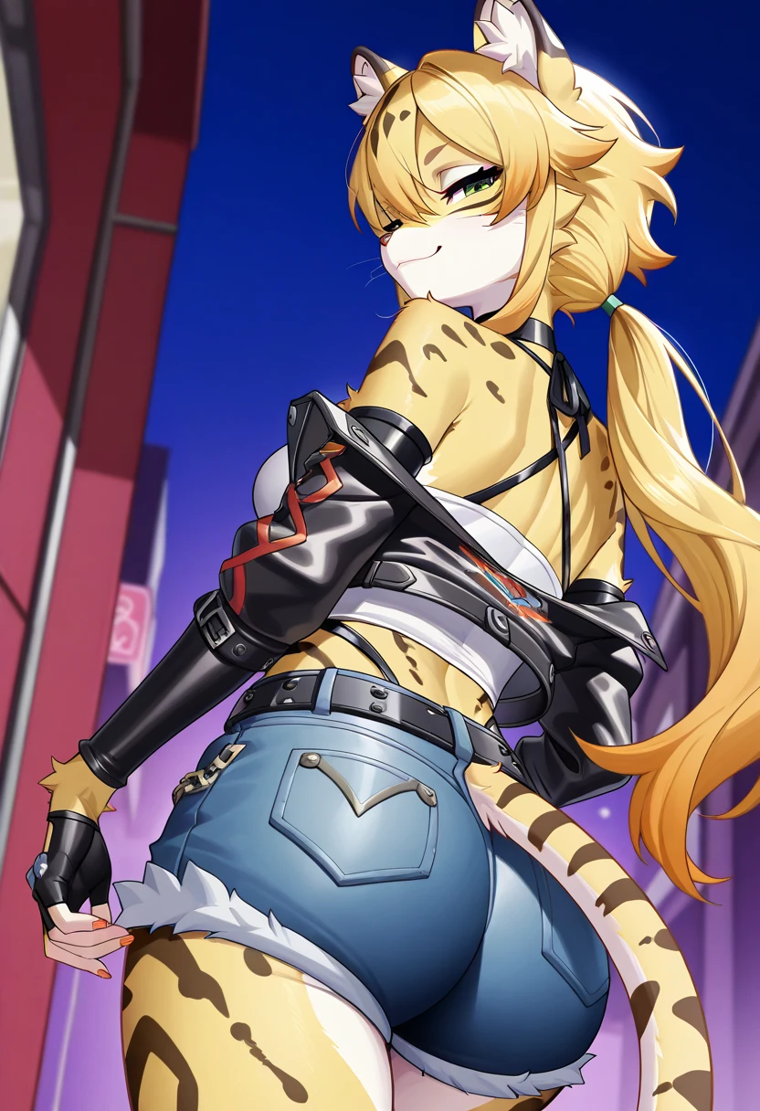 masterpiece, best quality, extremely detailed, 1girl, milf, solo, (dark skin, black skin:2), HanekawaTsubasa, (huge breasts:1.3), ((((pink hair, streaked hair), long hair, yellow eyes, cat ears))), orange lips, (((choker, white jacket, open jacket, bikini, blue leopard print bikini, jeans))), ((naughty smile, sadisctic), closed mouth), ((hand on own hips, balcony, apartment))