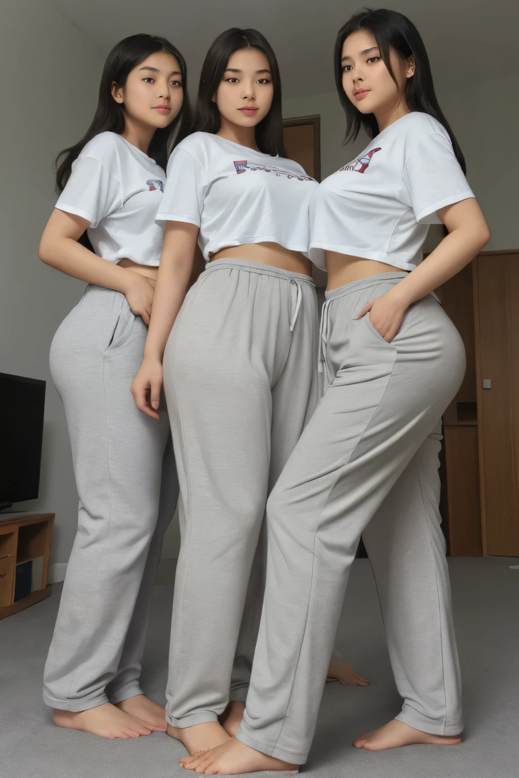 Live Action、8K, Highest quality, Realistic, Very detailed、A simple white room、Grey boa carpet、Young and beautiful girl、Show your forehead、Very large breasts、White underwear with a very delicate design、、Side angle、Shooting from the side、Place your hands on your chest