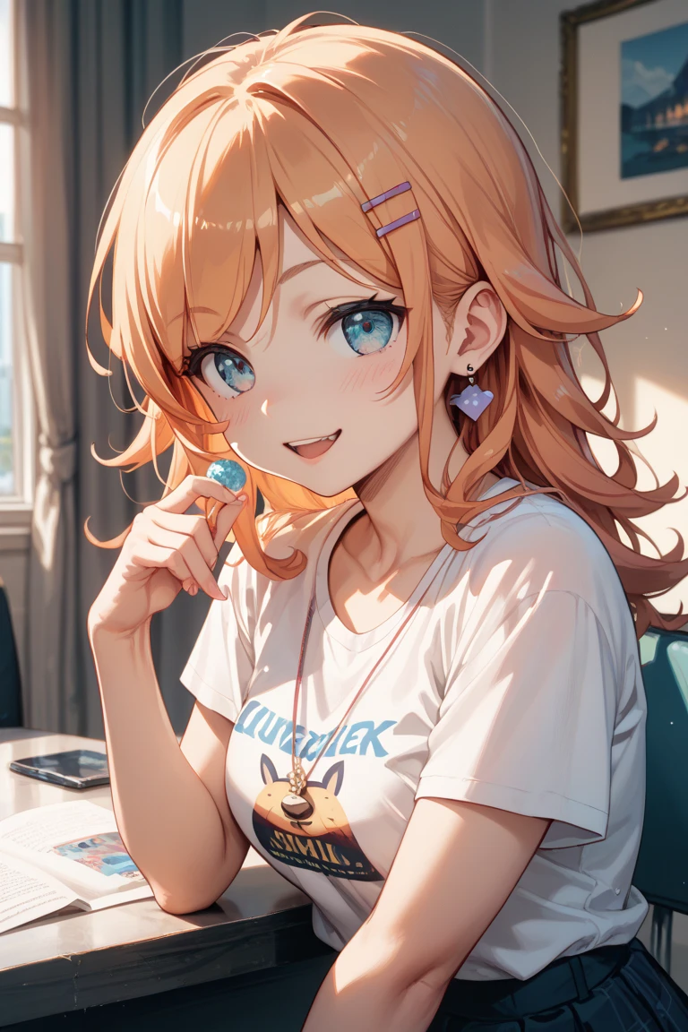 girl,Light orange,Long curled hair,((close up of face:1.3)),((Simple lightblue background:1.5)),((cleavage and )),(NSFW:1.3),((fellatio:1.4)),((dick)),((male genitals:1.2)),((Looking up:1.6)),