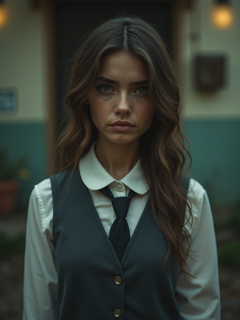 super realistic image with mysterious and shady touches of a woman of approximately 25 years old in a schoolgirl's uniform, latina, light brown tea , wavy hair outside a house