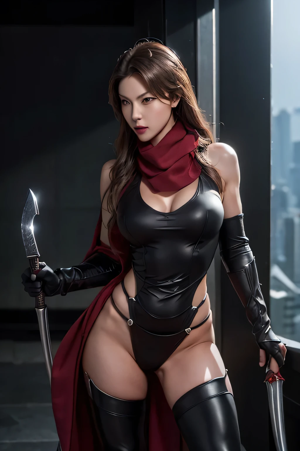tmasterpiece,A high resolution,Absolutely beautiful,a mature female,Fine and detailed eyes and detailed face,Tall and tall,She wears metal armor,Armored pants,Armor booties,Over-the-knee stockings,Show off the look of booties and stockings、Shogun, allure:(Tall:1.4),haughty,Mature temperament,Ruby eyes,Apply blood-red lipstick to your lips,Wide buttock(big assa:1.4),(Thick thighs:1.4),Majesty,Rich scene detail,In the midst of the war,are standing,actionpose,