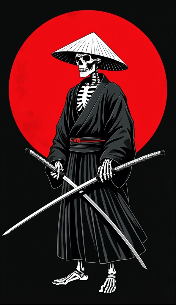 (best quality, sketch:1.2),realistic, illustrator, anime, skeleton, detailed bone, kimono with katana custom, black and red gradient background, textured cropping, masterpiece, style retro classic, noir style , Japanese style