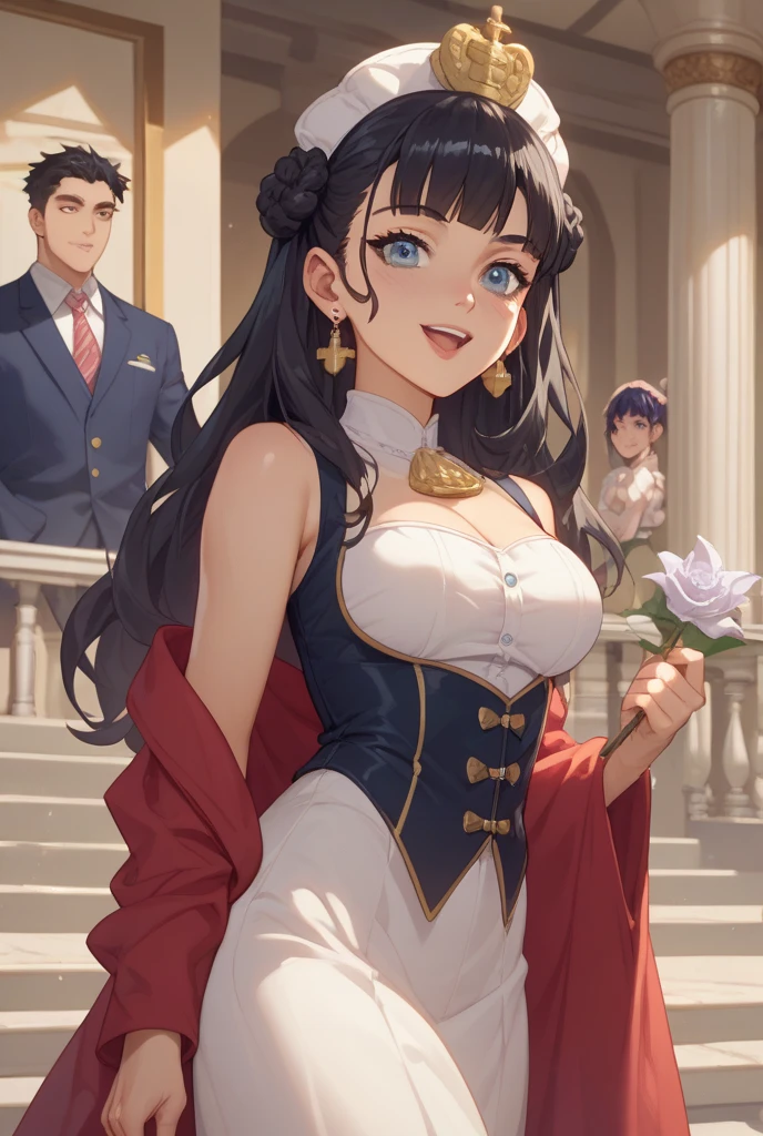 masterpiece, 4K, best quality, FELute, necklace, purple dress, (on the St. Peter's Square of Vatican,crowd),bracers, cowboy shot, looking at viewer, smirk, hand up