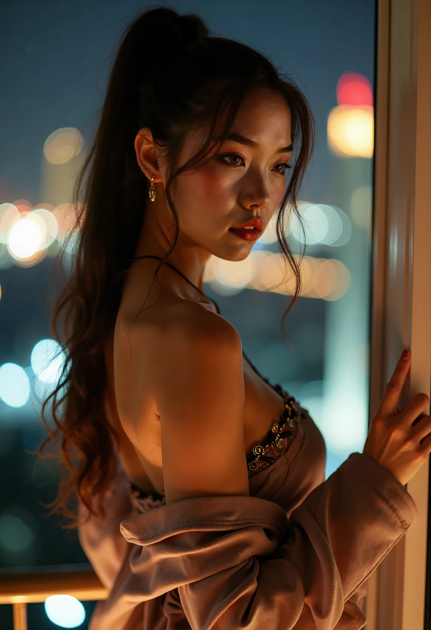 a beautiful japanese woman wearing an ornate kimono with intricate embroidery, extremely large breasts, dark lighting, cinematic, artistic composition, looking at viewer, masterpiece, ultra-detailed, 8k, photorealistic, chiaroscuro lighting, elegant, refined, graceful, serene, mystical, atmospheric