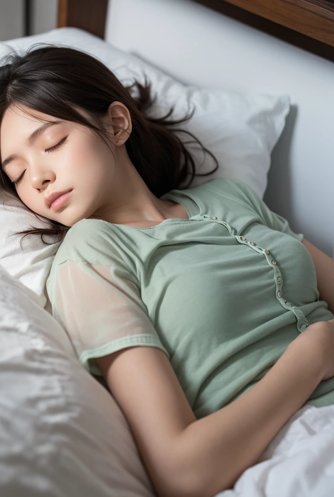 A cute face like a 15-year-old idol pajamas 熱を出してSleeping in bed Sweating on the chest due to fever Sweating on the face due to fever Cleavage Medium bust pajamasがはだけてブラジャーとパンティーが見える In a dark room Natural light Sleeping in bed RAW Photos live-action Genuine Real Stick High resolution RAW Photos