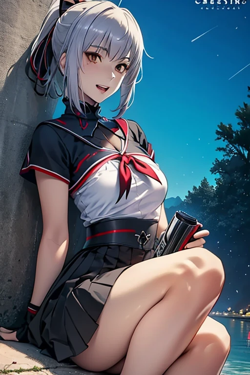 ((Gray Hair Short Hair sniper rifle Close one eye),((Crow night Red full moon)),(rooftop Drop shoulder Sailor suit Shiny Earrings Neon Pink Neon Blue purple), Jetpack Sweat A tense look Also々funny Face Headphones