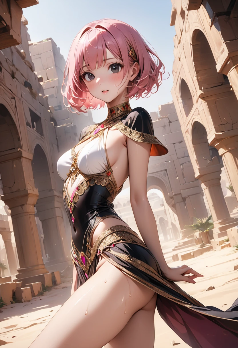 stockings, egyptian clothes,, ((4 defined fingers)), ((1 defined thumb)), (looking at viewer), break, sexy, ((solo)), (1 woman), ((25 years old)), ((highest quality)), ((masterpiece)), (familiar),  skindentation, perfect face, 8k , (cowboy shot), break, short hair, (((pink hair1.5))), bob cut, black eye, beautiful princess, smile, thin thighs, medium breasts, perfect limbs, ((metallic costume)), (visible nipples:0.7), (camel toe:0.4), sexy, standing, sunlight, bright,