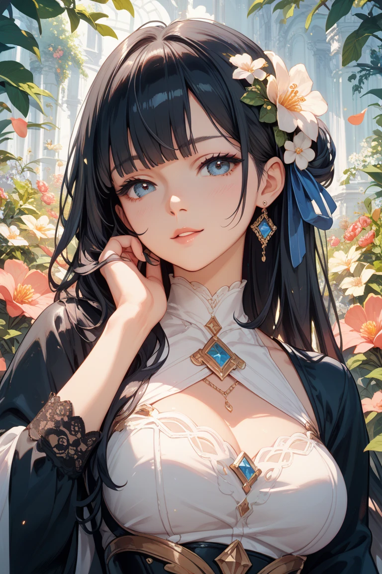(little girl:1.5),lace,ribbon,hanfu,(masterpiece, sidelighting, finely detailed beautiful gray eyes: 1.2), masterpiece, realistic, glowing eyes,shiny hair,black hair,long long hair, lustrous skin, solo, embarassed,Strapless,exquisite,beautifly,garden,flowers,flying petals,
