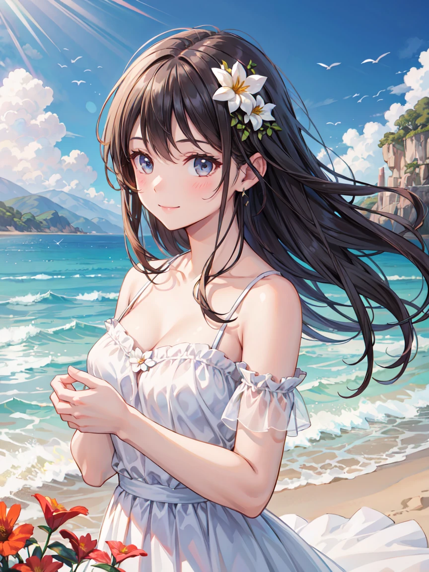 very cute and beautiful girl,White ruffled sundress with fine lace,Skirt flip,White panties,(Very exquisite beautiful face and eyes:1.2),
(smile),blush,View your viewers,Black Hair,Dynamic pose,Dynamic Angle,Cowboy Shot,
Beach,Steep cliffs in the distance,(highest quality,masterpiece:1.2),(Intricate details),Very detailed,High resolution,
alone,Hair blowing in the wind,Beautifully detailed skies,(Realistic),