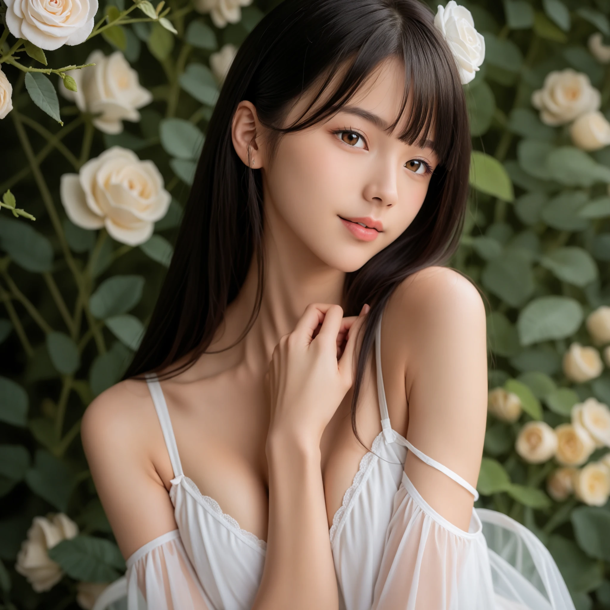 (ultra realistic) , (illustration), (increase resolution), (8K), (extremely detailed), (best illustration), (beautiful detailed eyes), (best quality), (ultra-detailed), (masterpiece), (wallpaper), (detailed face), solo,1 girl, looking at viewers, black straight hair, delicate details, in the dark, deep shadow, low key, pureerosfaceace_v1, happy smile, summer dress, full body, meadow