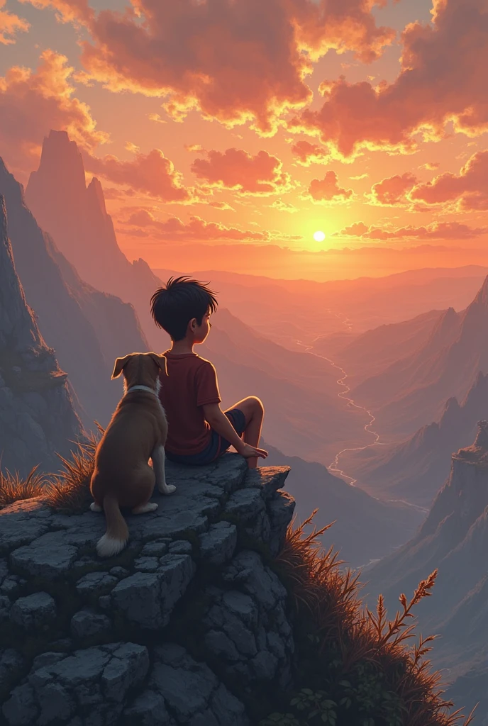 A and boy sitting on a cliff on a starry night