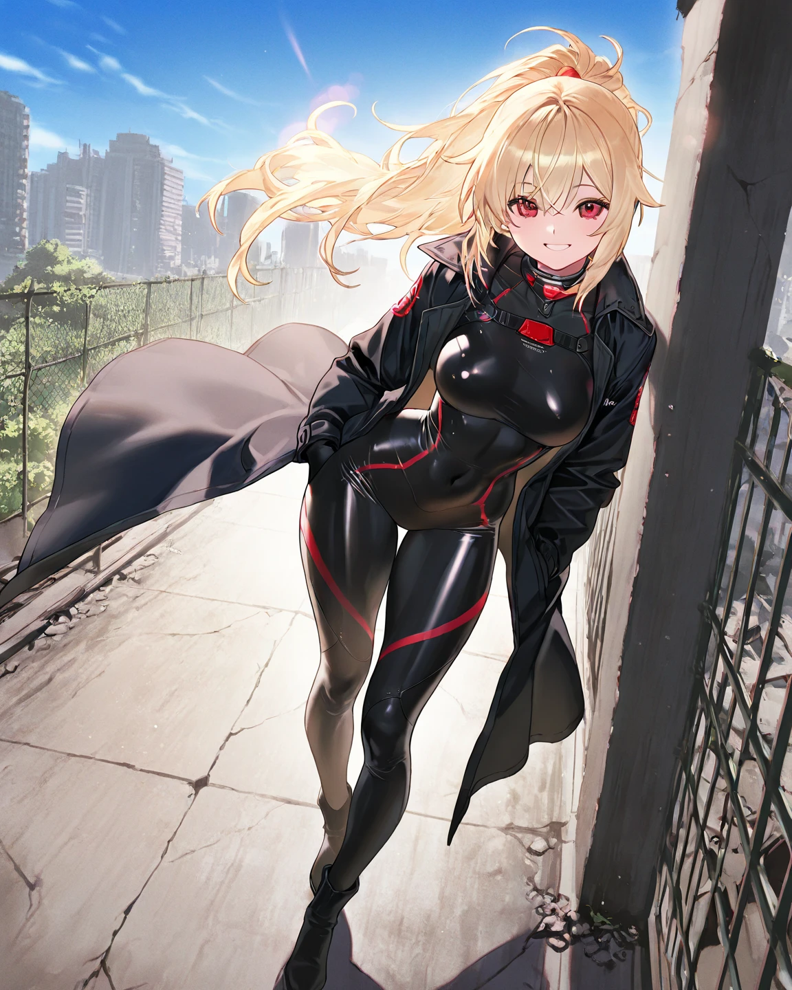masterpiece, best quality, high school girl, superhero, heroic, leotard, bare legs, knee boots, gloves, city backdrop, hands on hip