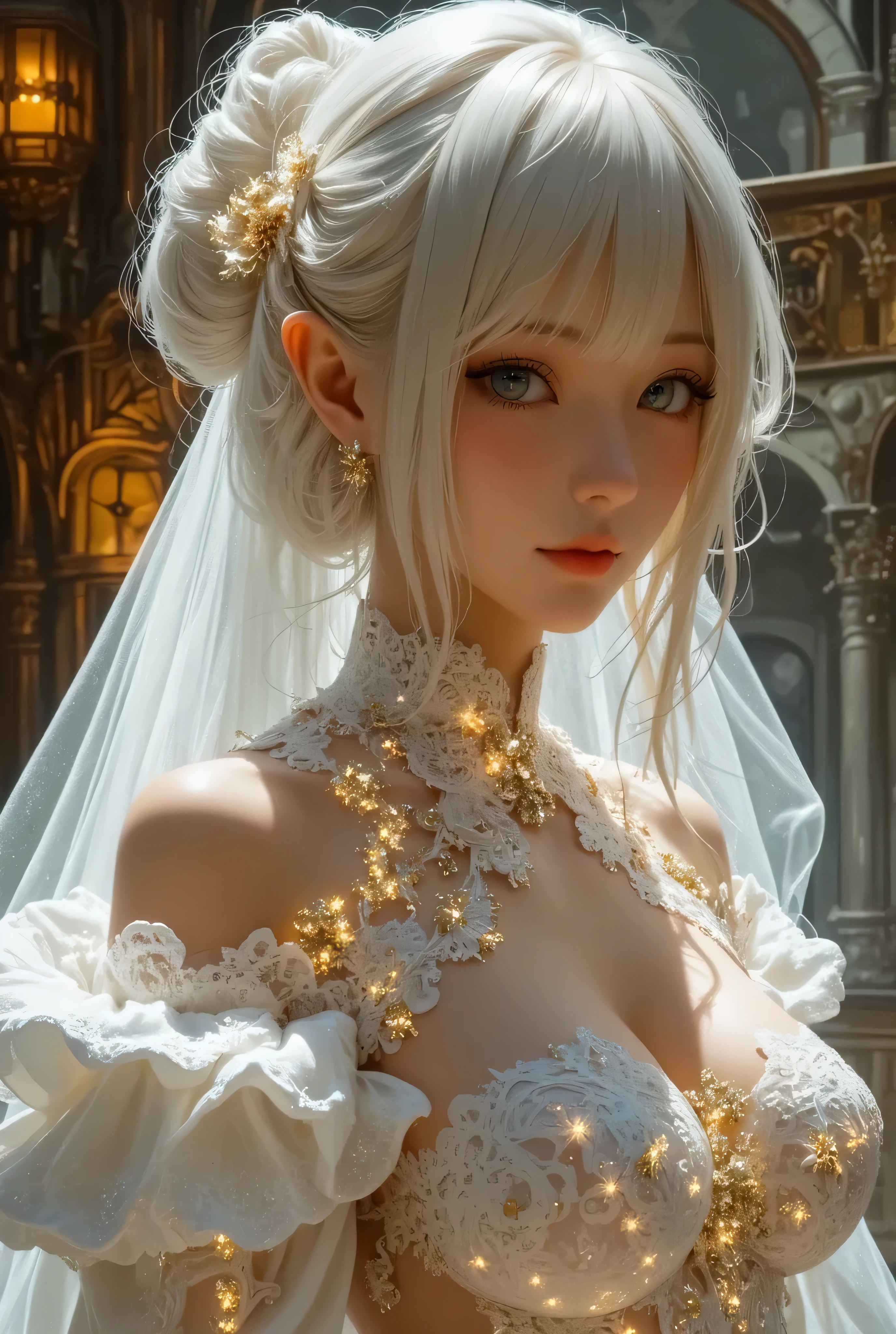 best quality , Super quality, 16k, Unbelievably Absurd, very detailed, lovely photo, delicate and dynamic, Kiri Reina female, seductive smile, pure white wedding dress , great style , bouquet, steampunk, DIESEL PUNK , clock punk , cyberpunk, Glitter effect, shining jewelry, golden magic lights at dress,1girl