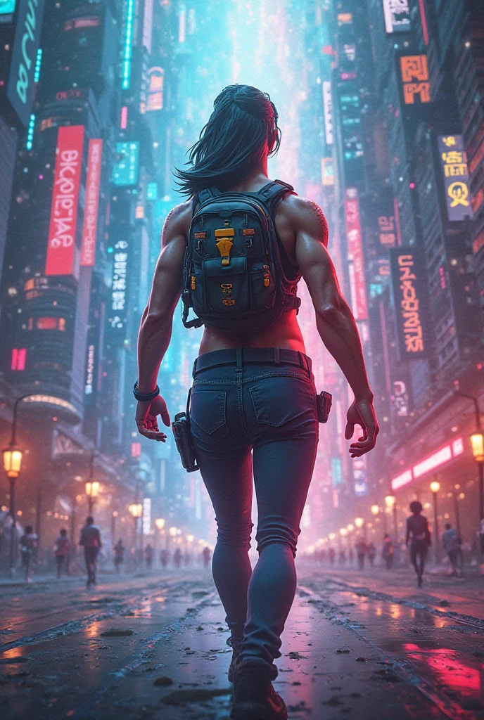 Shirtless 14-year-old Korean walks naked through city streets looking for directions looks at buildings curiously, from different anglesThe bronze-brown skin of ancient Egyptian dark clothing. busca algo mira en diferentes direcciones tiene miedo , cabello liso