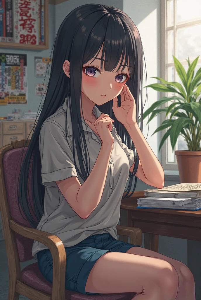 Next, draw a character named Don Huang from the same anime. She's less sexy, not cute, is busy studying otaku, has an uncaring psychopath, and is only slightly pretty