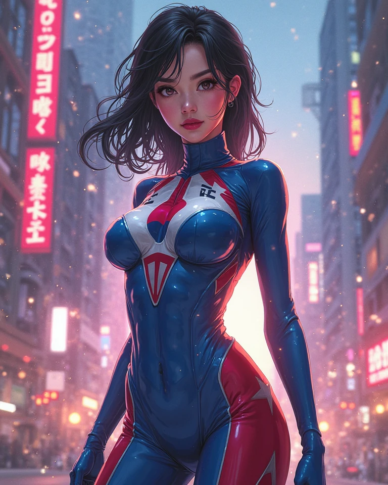 MASTERPIECE, ABSURDRES QUALITY, NIGHT LIGHT, 9 p.m., rainy night ((Best quality, 8k, Masterpiece: 1.3)), Sharp focus: 1.2, A Spider Gwen cosplay woman with spider gwen's face, dressed as the character Spider Gwen, (((BIG SMILE))) Aly Fell style and artgerm, beautiful digital art, raymond swanland style, epic digital art illustration,  alena aenami and artgerm, zenescope, by Marek Okon, artgerm julie bell beeple, intricate body, sharp focus in the eyes, ((background blur)), 8k, unreal engine 5, thick arms, (((thick legs)))