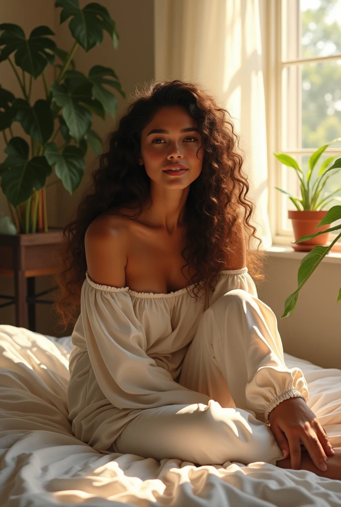 (photorealism:1.2), beautiful woman, sitting on bed, wearing loose off-shoulder top, pajama pants, long curly hair, indoors, soft lighting, plants in background, window with sunlight, cozy room, relaxed pose, realistic, intricate details, warm colors, by Greg Rutkowski, by Alphonse Mucha