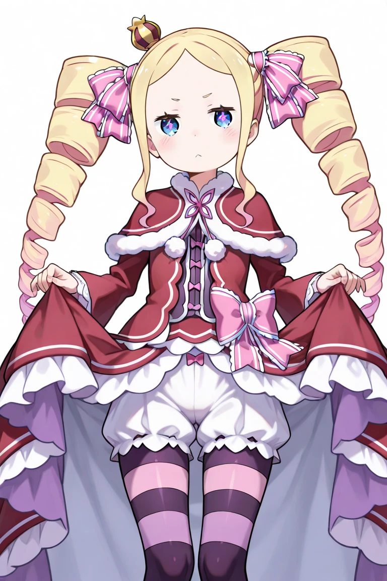 (Ultra-HD-details) 1girl, cutesie, outdoors <lora:beatrice_(re_zero):1> aabeatrice, symbol-shaped-pupils, mini-crown, long-hair, twin-drills, sidelocks, v-shaped-eyebrows, hair-ribbon, pink-bow, fur-trimmed-capelet, red-capelet, dress, frilled-dress, red-dress, bow, ribbon, pom-pom \(clothes\), long-sleeves, wide-sleeves, frills, pantyhose, striped-pantyhose, shoes, pink-footwear