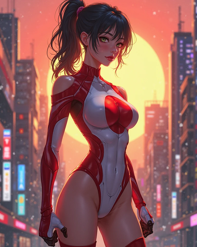 rear view, backside view,chica alta. Superhero. cabello ardiente. Pelo corto del color del fuego. Vermilion hair. El cabello brilla. amber eyes,white Traje futurista racig. mono blanco. Figura robusta. Beautiful superhero girl. tablilla. en altura completa. hero pose,More detailed 8K.motor irreal:1.4,UHD,La mejor calidad:1.4, fotorrealista:1.4, textura de la piel:1.4, obra maestra:1.8,obra-prima, mejor calidad,objeto Objeto], (detailed face features:1.3),(manos detailed:1.4), (pista racig Tokio:1.4)