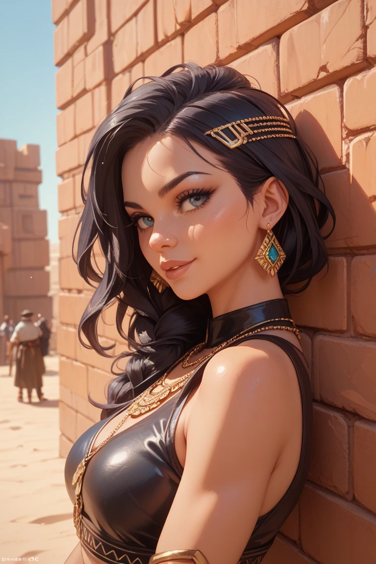 (((Egyptian))), white headscarf, wax,1girl, solo, breasts, looking at the viewer, smile, large breasts, black background, jewelry, braid, black hair, straight hair, earrings, twin braids, striated hair, clothing cutout, makeup, lipstick, mole under the mouth, shadow (realistic: 1.2), (realism), (masterpiece: 1.2), (best quality), (ultra detailed), (8k, 4k, intricate), (full-body-shot: 1), (85mm), light particles, lighting, (highly detailed: 1.2), (detailed face: 1.2), (gradients), sfw, colorful,(detailed eyes:1.2)(detailed background),detailed landscape, (dynamic angle:1.2), (dynamic pose:1.2), (rule of third_composition:1.3), (line of action:1.2)