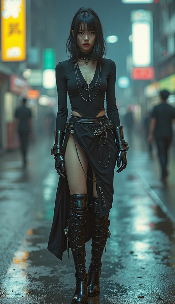 A beautiful girl, long black hair, dressed in a black poncho on a naked body, wearing black boots, bare legs, bare shoulders, against the background of a dirty sewer tunnel, a post-apocalyptic plot