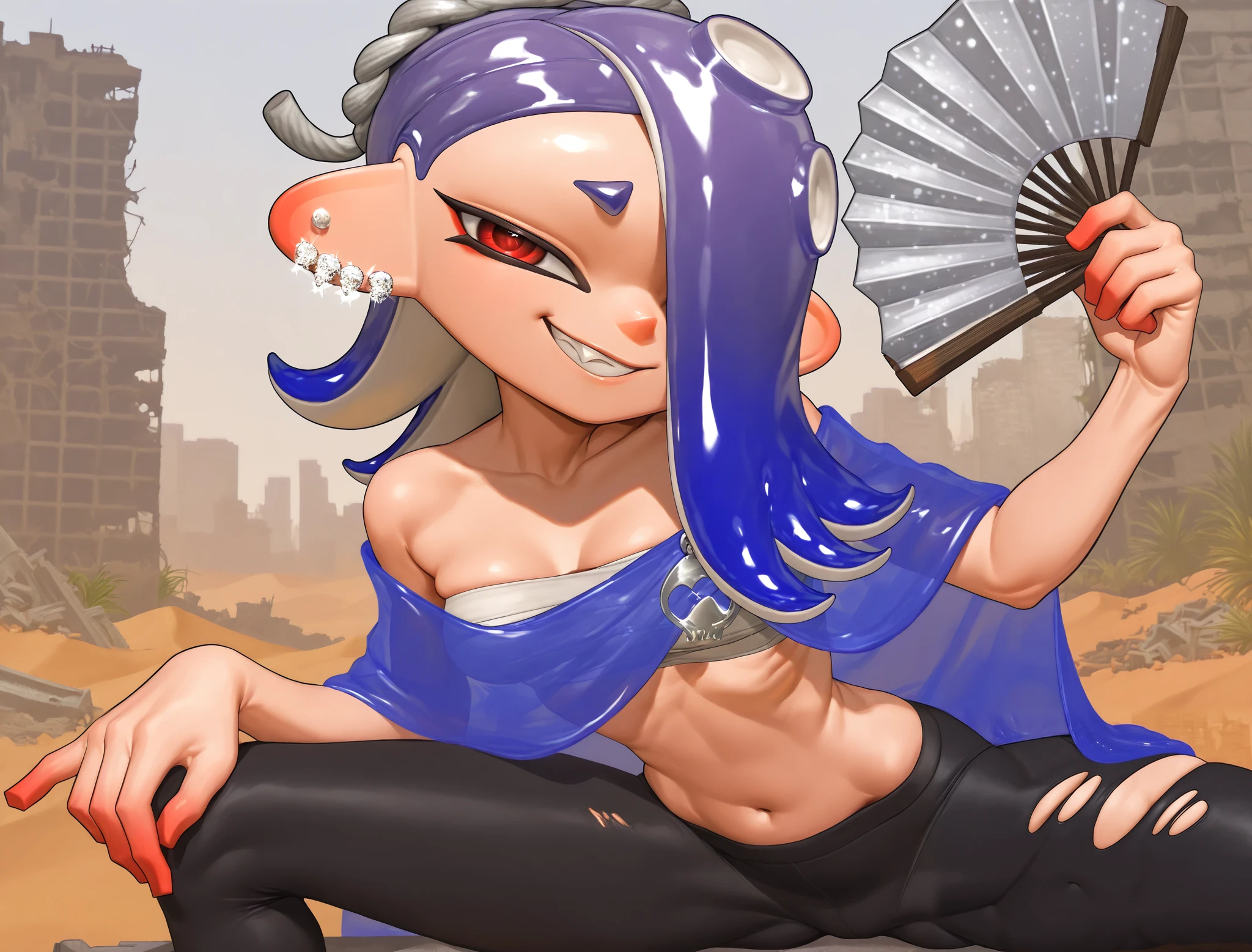 ((shiver)), ((splatoon)), ((masterpiece)), ((high resolution)), ((solo portrait)), {(athletic figure), (skinny body), (small breasts), (navel), (v-line), (beautiful legs), (indigo tentacle hair), (long side-swept bang), (fierce red eyes), (smug grin)}, {(long blue shawl), (sarashi wrap), (silver ornament on shawl), (black leggings), (rips on right thigh), (ear piercings), (hair ornaments)}, {(bending forward), (spread legs), (holding up fan), (looking at viewer)}, ((city ruins)), ((skyscrapers)), ((desert))