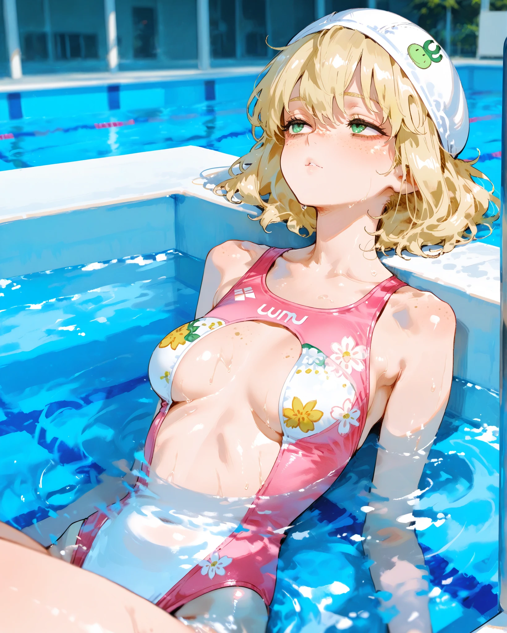 ((Highest quality、、masterpiece:1.3)), Upper Body、Long legs、Sharp focus:1.2, Beautiful woman with perfect figure:1.4、((Big Breasts:1.2)), (Smiling:1.2), Face and skin texture crafted to the smallest detail、Fine-grained、double eyelid、30-year-old female、sexly、((((Swimwear、Poolside、blonde))))