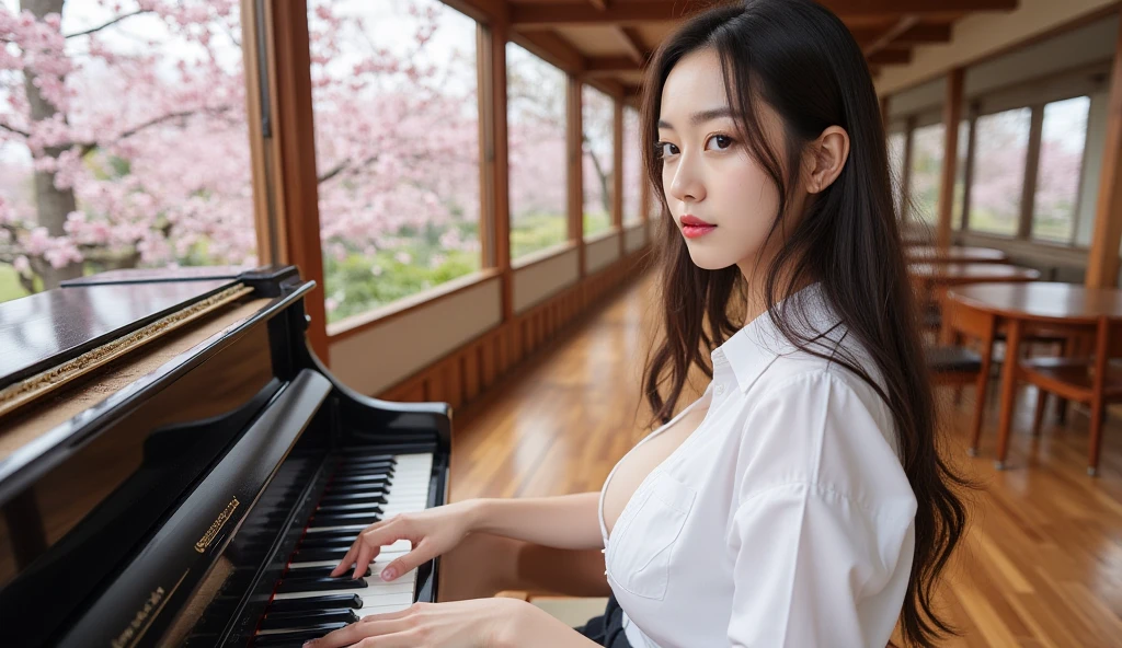 A beautiful Japanese woman masturbates with a dildo and faints,on piano stage