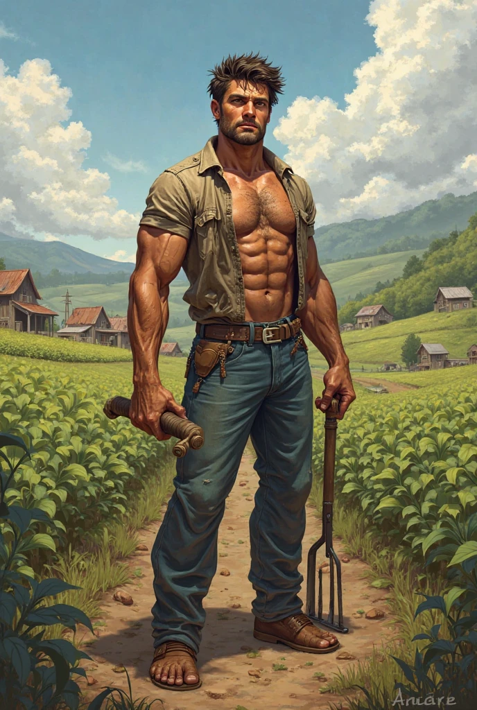 ((fullbody_homoerotism_nsfw) ((1 man Holding a hoe with both hands, Tilling the soil)) ((dynamic movement composition)) reflect the strength and masculinity of latino , 20 years old, workers shirtless, barefoot, Caucasian ethnic physical characteristics Industry: Agriculture Background: Field of crops. Leg Position: Spread apart, one slightly forward. Arm Position: Holding a hoe with both hands. Action: Tilling the soil. Color Palette: Greens and browns. Facial Expression: Determined and focused. Model’s by Aaron Horkey and Jeremy Mann, masterpiece, best quality, Photorealistic, ultra-high resolution, photographic light, illustration by MSchiffer, fairytale, Hyper detailed A mixture of photography and painting, simetryc Composition, Perfect Divine Proportione, 8k resolution A young man, white skin, smoth body, thin face, straight nose, thin lips, square chin, large light blue eyes, short blond wavy hair, in roberto ferri style, aesthetic slim athletic body, ginger realistic skin, gorgeous, detailed tonned muscles, barefoot, perfect anatomy, muscled fitness body, The man shirtless, barefoot, pantles, big erected detailed perferct penis, confident gaze,
