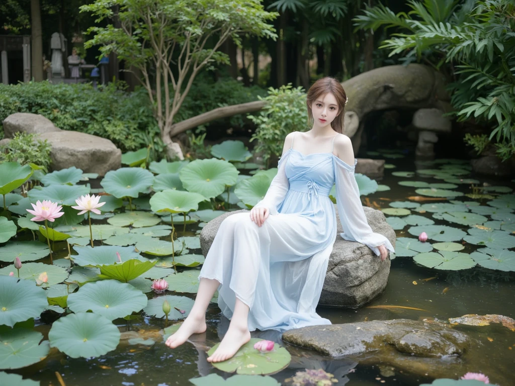 There is a blue dress, 16 long legs,   woman sitting on a rock underwater, Standing gracefully on a lotus flower, Heavenly Beauty, Unvolume ,  court , Girl in Hanfu, Unvolume , Summer is full of fairies, In the pond, white Hanfu, beautiful young and graceful figure, Loose Dress, light blue, hair behind the ear  