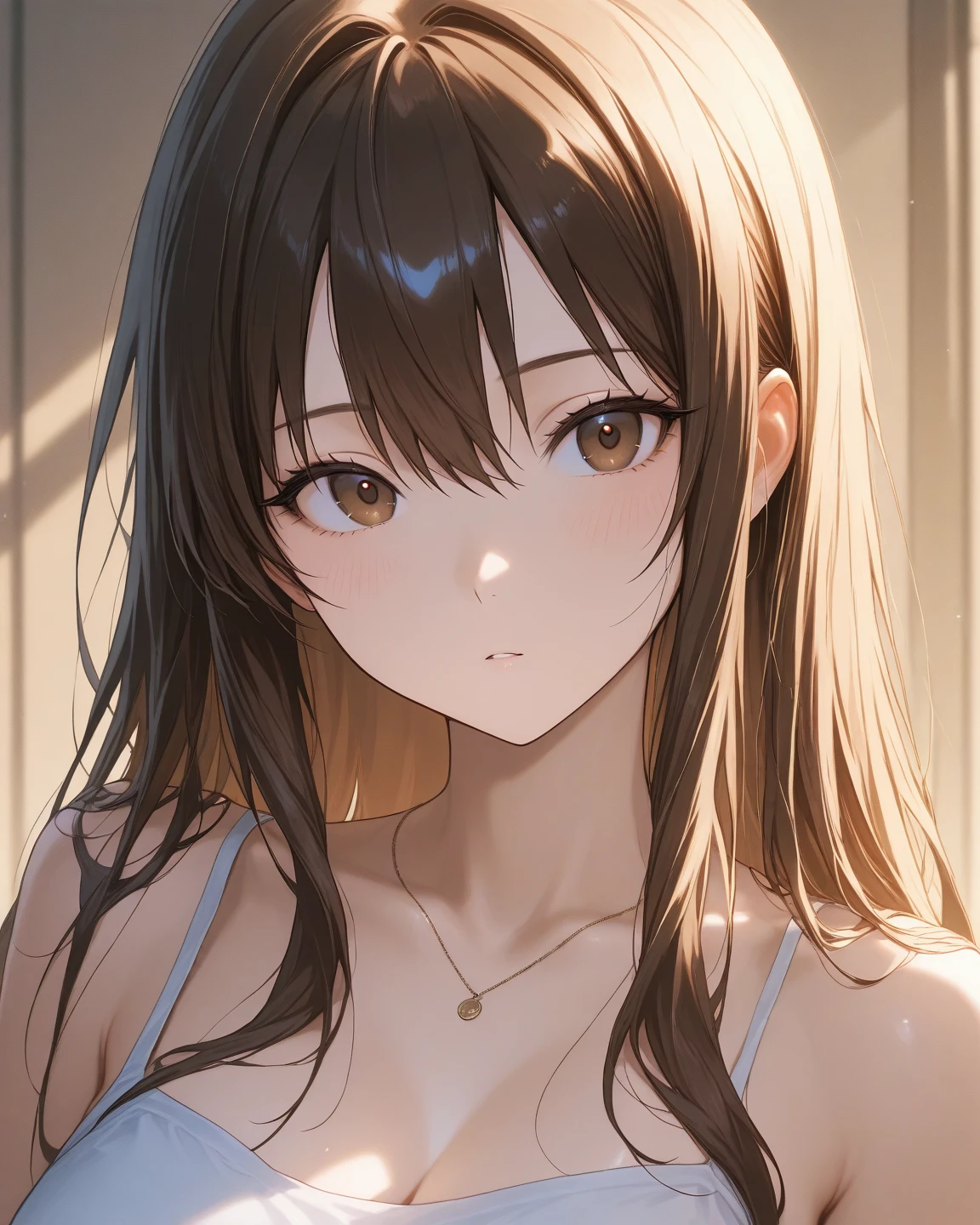 masterpiece, absurdres , (intricate details), (colorful),cinematic lighting,bust shot,extremely detailed CG unity 8k wallpaper , asuna, 1girl, solo,mature female, long hair, brown hair, (brown eyes:1.8),, seductive pose, looking at viewer, bra and panties, bed room, lying on bed, close shot