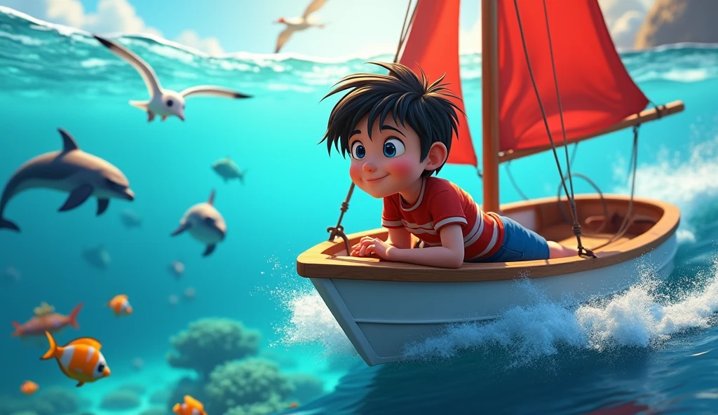 He is catching up with the balloon, grabs it with your hand, takes off from the ground and flies into the sea on a large boat