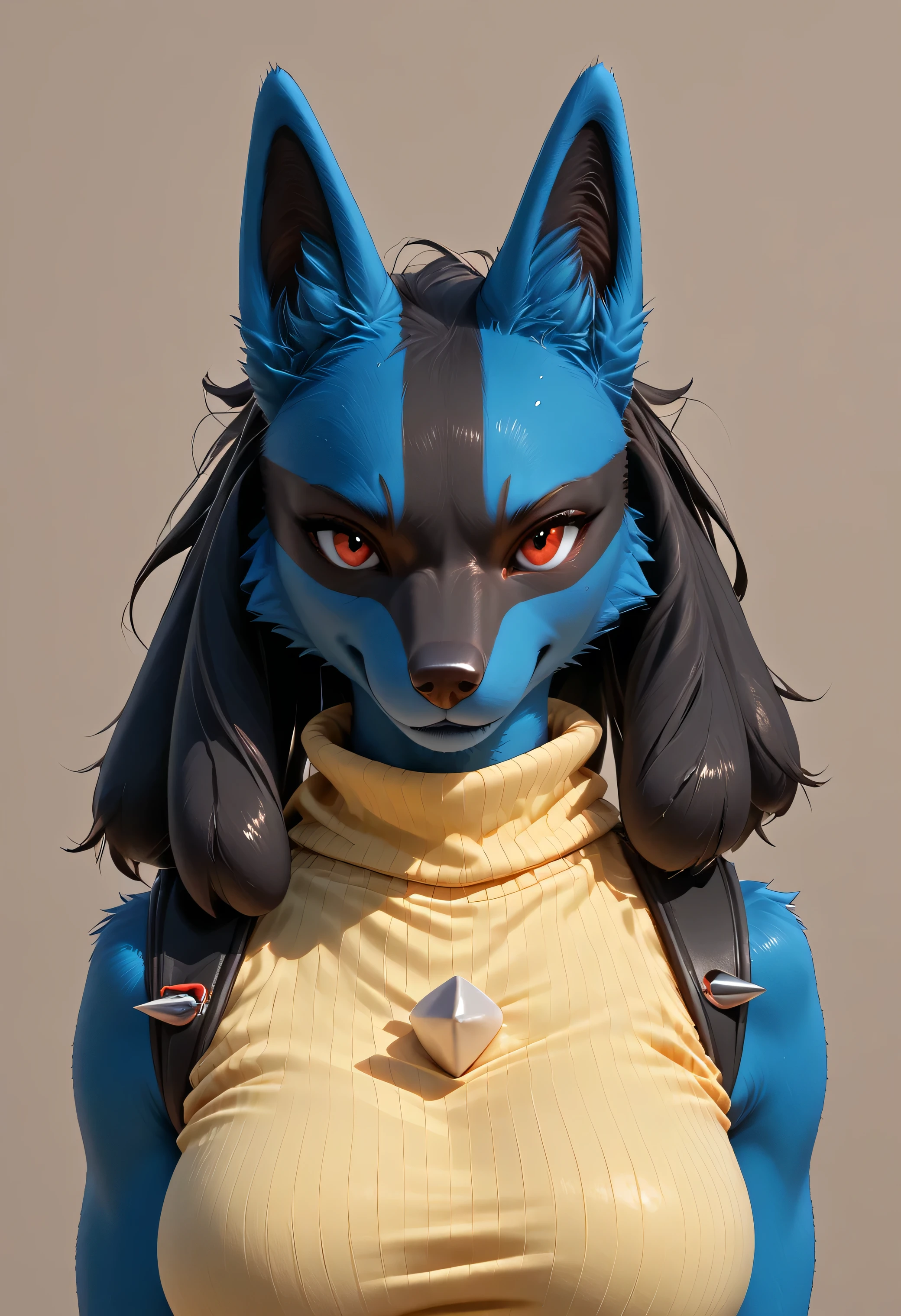 Detailed and realistic HD photography of (lucario) en la playa, de pie, mirando al Horizonte, solo, retrato de cuerpo entero, antecedentes detallados, gran enorme trasero, por mancha