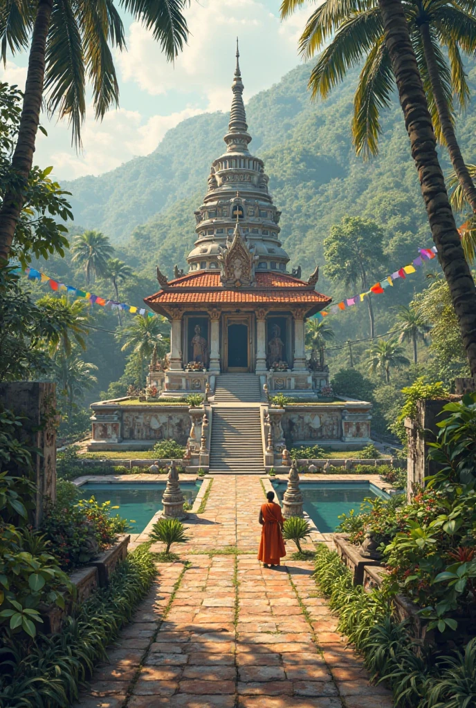 a man in a robe walking down a path towards a temple, thailand art, 4k highly detailed digital art, 3 d render and matte painting, temple background, inspired by Mike Winkelmann, by Mike Winkelmann, 3 d render beeple, buddhism, 3d rendered matte painting, on path to enlightenment, intricate highly detailed 8 k, beautiful digital artwork