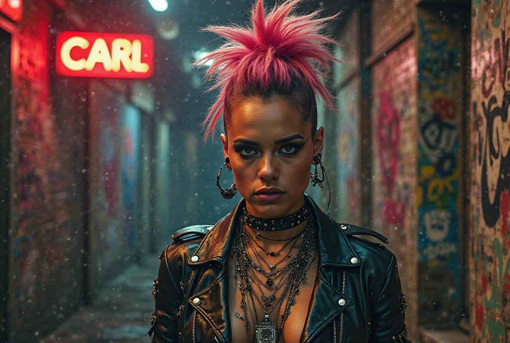 (Artwork, best quality:1.2), 1 girl , ((side view)) , cinematic, comic style, intrincately detailed, "Punk Girl",(( in dynamic sexy pose)) ((spiky mohawk hair, red punk hair, angry face, wearing a black jacket, chains, Rocket style, tattooed girl , hot body, abs, bikini boobs) . Shallow depth of field, vignette, highy detailed, high budget, bokeh, cinemascope, temperamental, epic, marvelous, film grain, grainy. ((Abandoned Graffiti Wall Background, garbage,  cinematic lighting )).