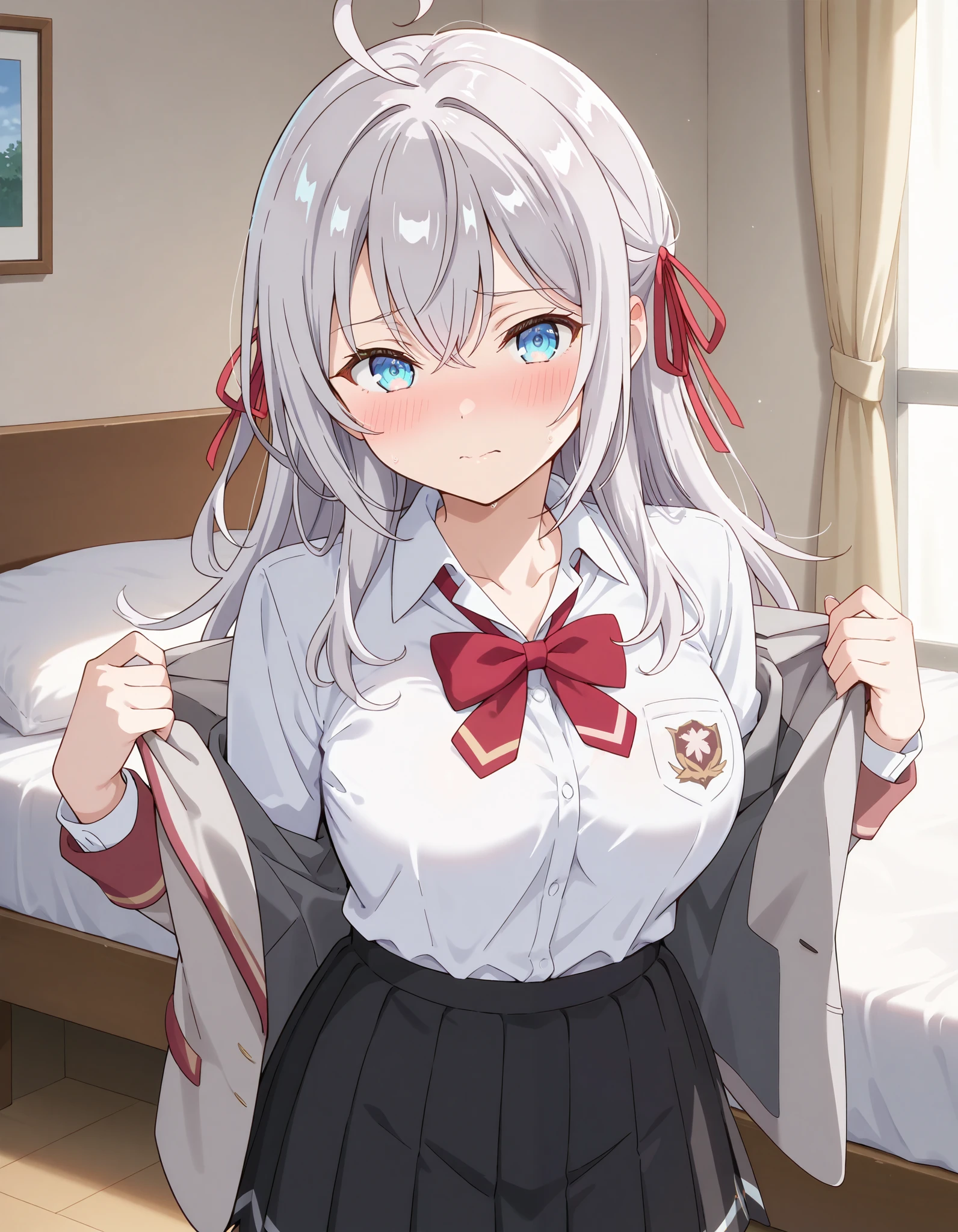masterpiece, best quality, highly detailed, ultra high res, 1girl, alisa mikhailovna kujou, long hair, bangs, blue eyes, opened eyes, hair ribbon, ahoge, grey hair, red ribbon, medium breasts, skirt, shirt, long sleeves, bow, school uniform, white shirt, pleated skirt, collared shirt, bowtie, black skirt, red bow, red bowtie, blazer, grey blazer, long sleeves, blush ,embarrassed,standing near the bed,looking at viewer,{undressing clothes:1.5} ,{undressing jacket:1.5},nsfw