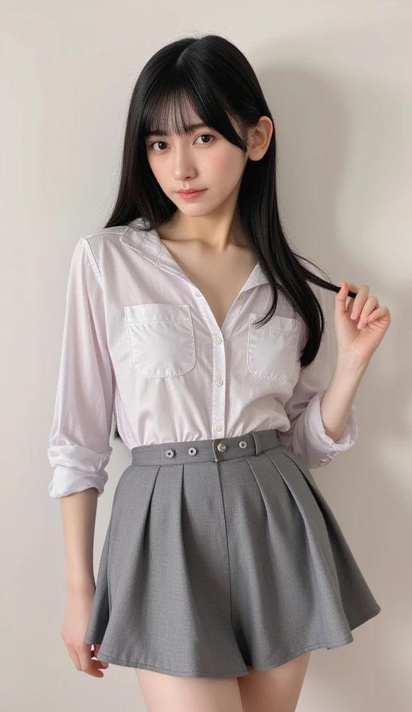 独奏,Cute short skirt, Lie down in bed, adolable, brown hair, Plain white sheets, Short hair with double ponytail,Rub your chest with both hands