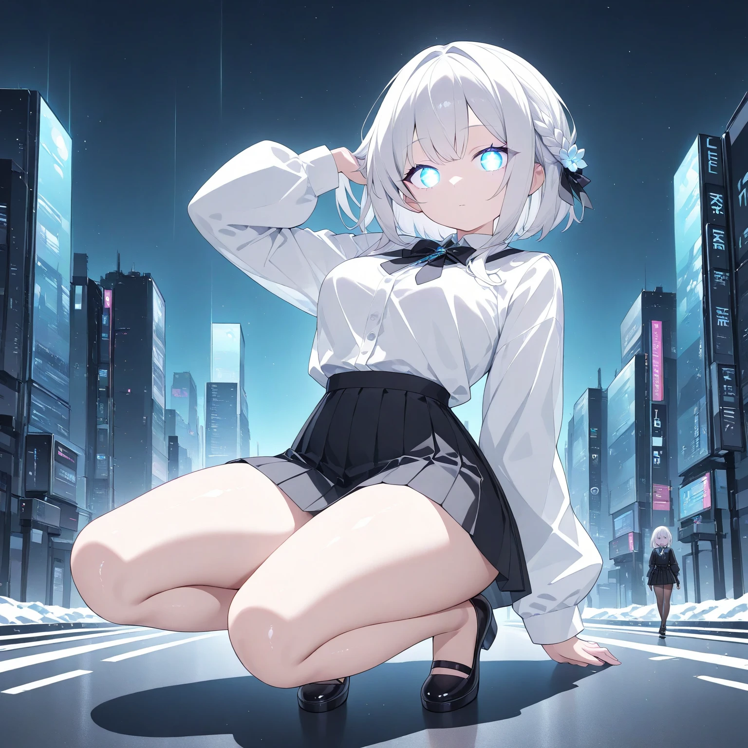masterpiece, best quality, girl, 10yo, (petite), white hair, dark skin, glasses,
smile, open mouth, tongue out, squatting, dancer, sexy, nipple slip, flat chest, pussy, strip_club_venue, neon,