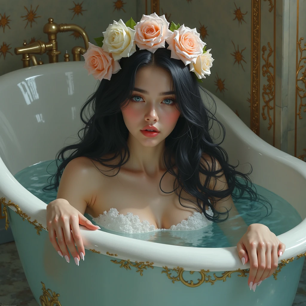 Chica, cabello largo en colitas con un hodongo rubio ojos azules, long white dress lie in a bathtub with roses.,sailor moon petals