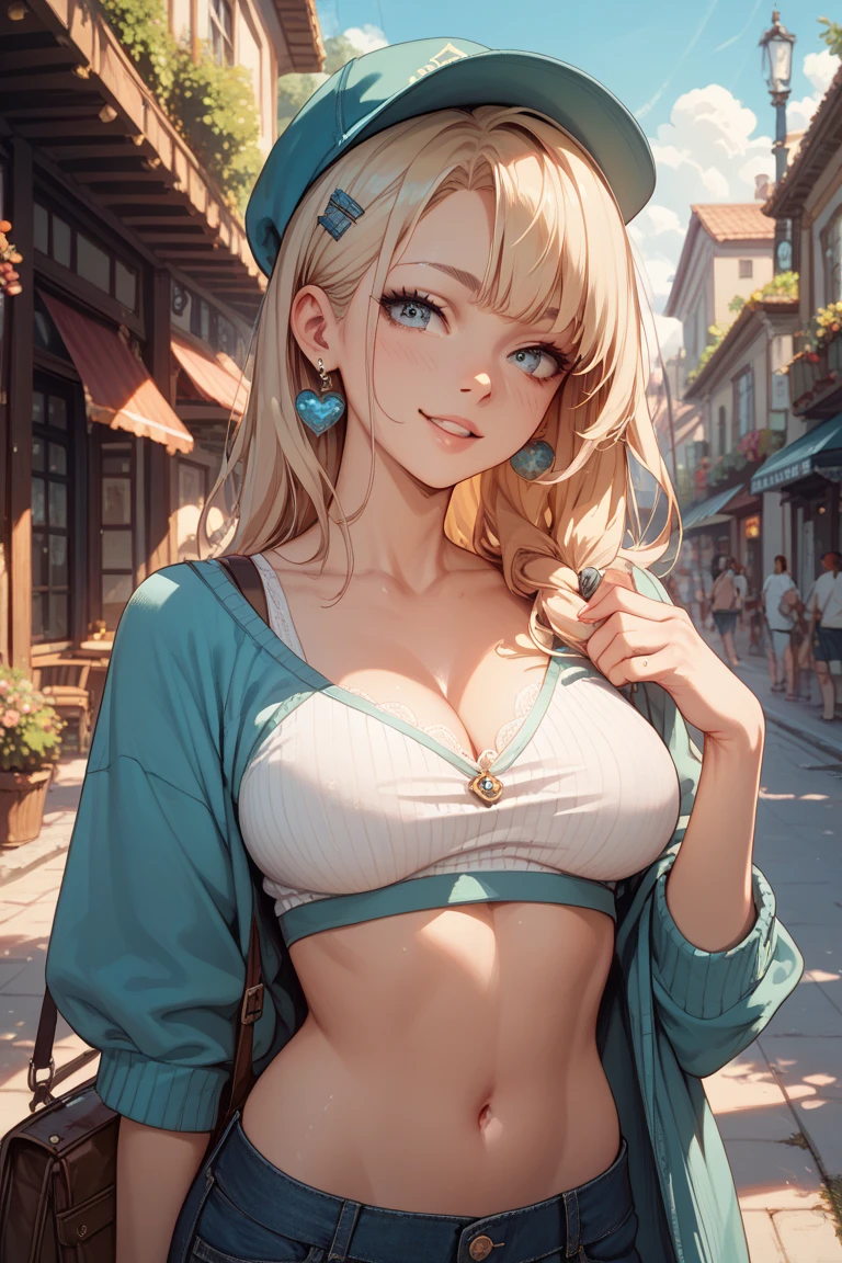 (Best quality, 4k, Masterpiece :1.3), beautiful woman, hyper realistic, 1girl, (droopy breasts, attractive body :1.2), sit-ups :1.1, long straight light yellow hair with bangs :1.1, ultra-detailed face, detailed lips, detailed eyes, double eyelid, short pink bra, open neckline, hanging breasts, side pose, visible curves, in the middle of the street, light blue short jean shorts, muscular turned leg,  Big breasts, blue eyes, pink high heels, open sky with sun, smiling, Japanese, big ass, standing on his back looking back, show more ass, freckle on face, freckle on ass, beautiful elf, pink lips, golden necklace with pink heart --auto --s2