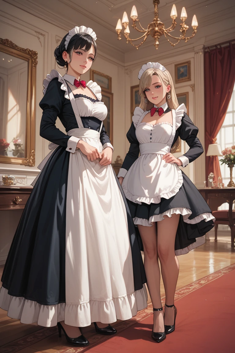 ((Extreme Detail)),(Ultra-detailed),(painting), clair obscur, extremely detailed CG unity 8k wallpaper, Best Quality, Portrait,treachery,bright,Fire in the background,Red shirt,Smokey Sky, full - body, (Maid costume),1girl, solo, solo girl, in full height, pantyhouse