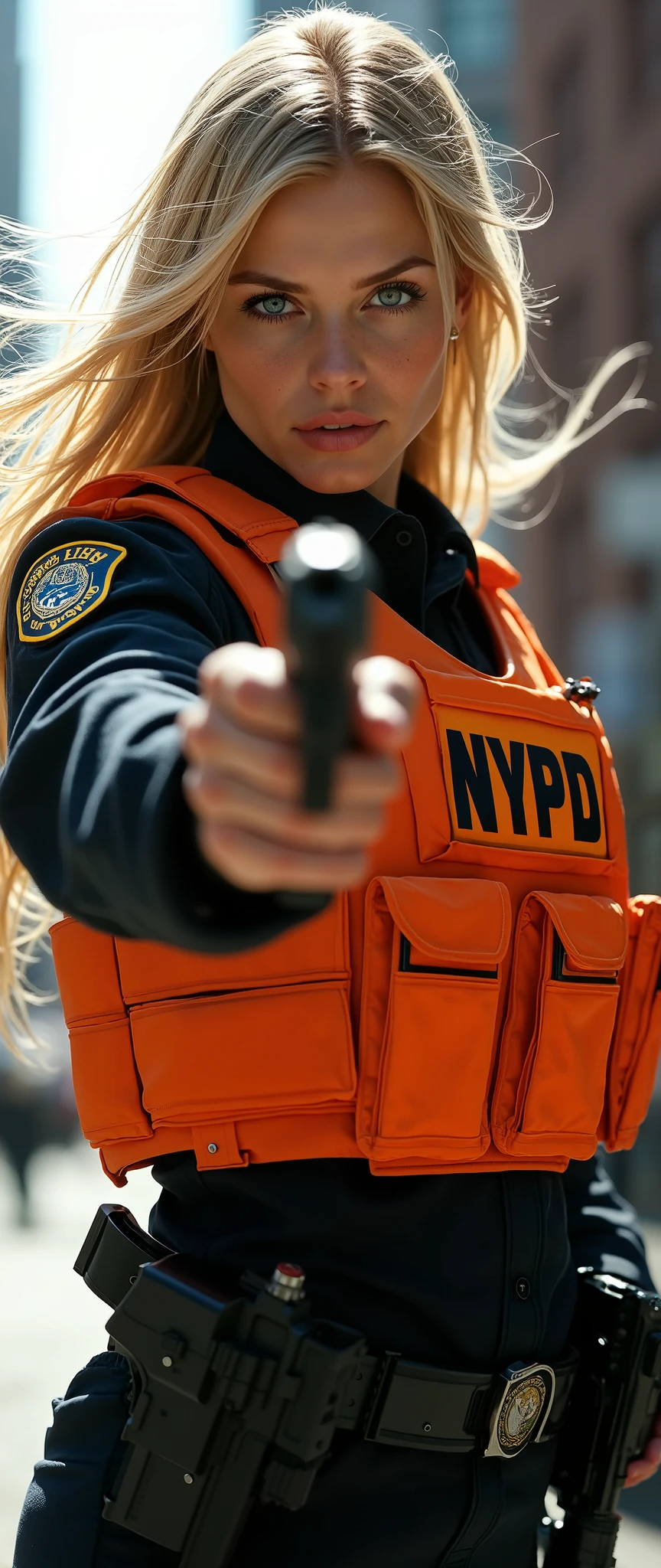 High Definition Images、 Female 1、American beauty、so beautiful、facial beauty、blue eyes、standing、NYPD uniform、SWAT member、orange bulletproof vest、 blond hair、Midday City、 backlit、 the wind is blowing 、hug Smith and Wesson、he's staring his muzzle into the camera。、upshot、hits me with a handgun。